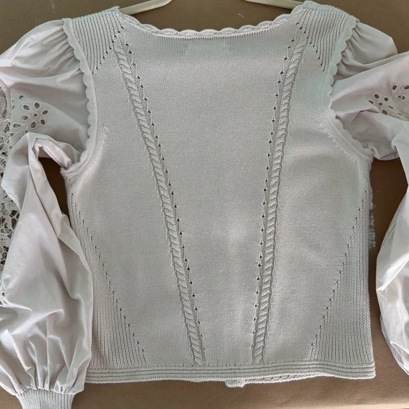 NWoT By Anthropologie Cutwork Puff-Sleeve Sweater women color pearl size Small - Picture 14 of 16